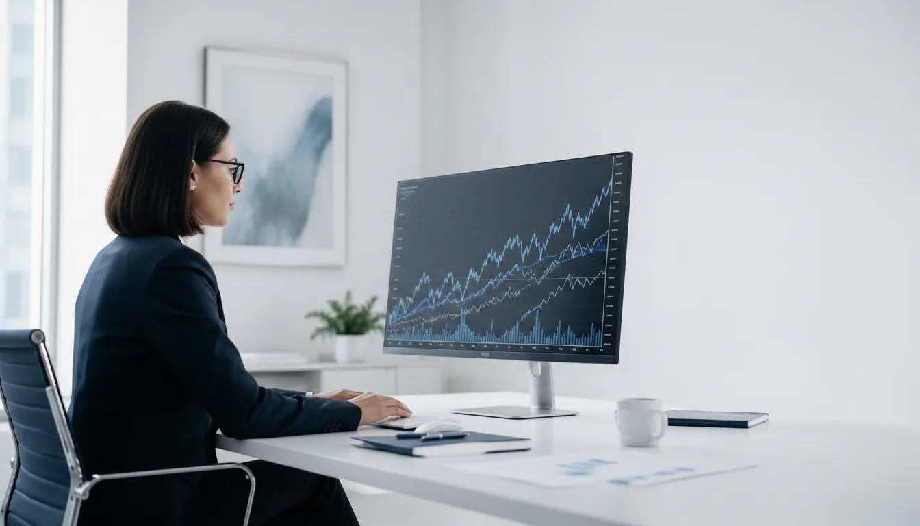 Investment analyst reviewing portfolio performance data on screen