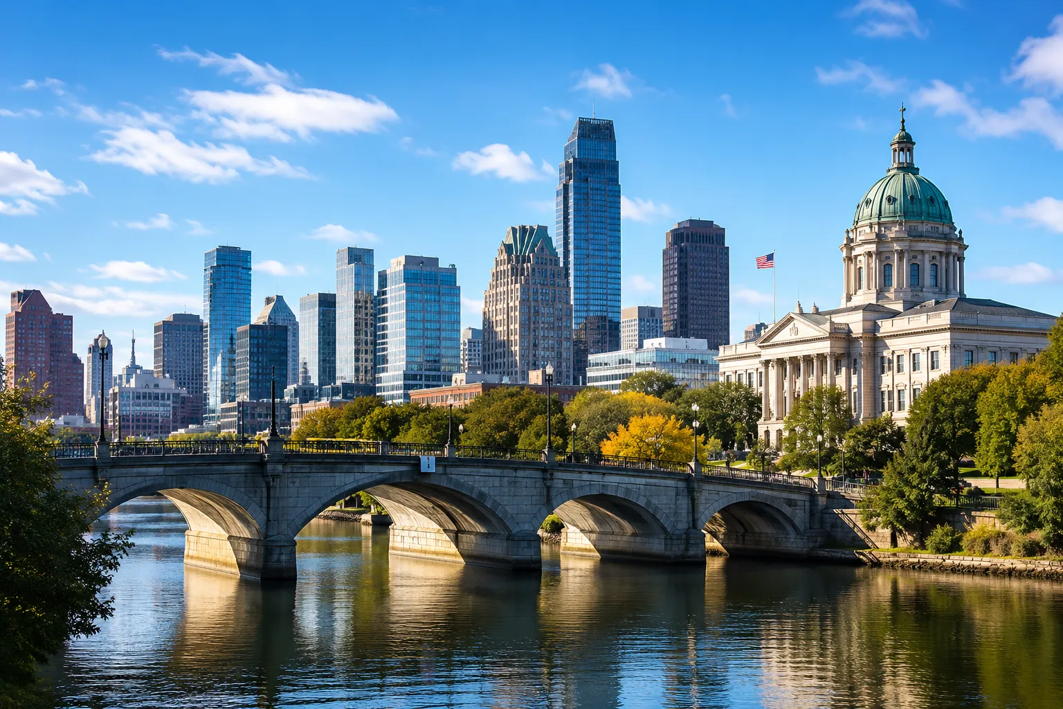 City skyline with a stone arch bridge and domed government building along the waterfront